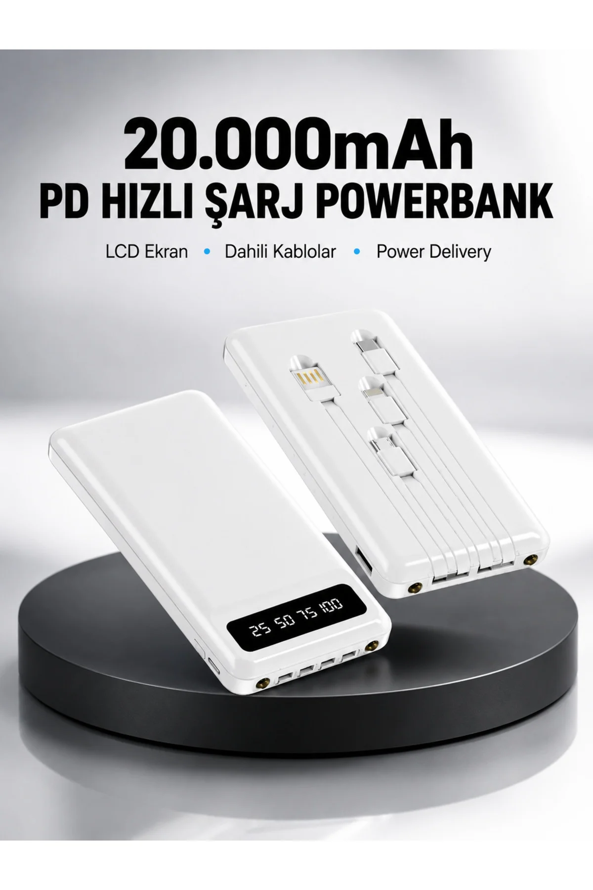 LED Işıklı 20.000mAh Powerbank LCD Gösterge Dahili Çoklu Kablo Yeni Nesil