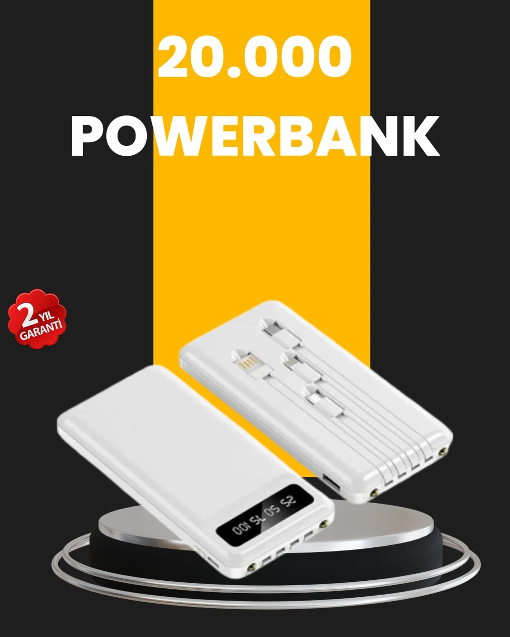 Led Işıklı 20.000mah Powerbank Lcd Gösterge Dahili Çoklu Kablo Diğer