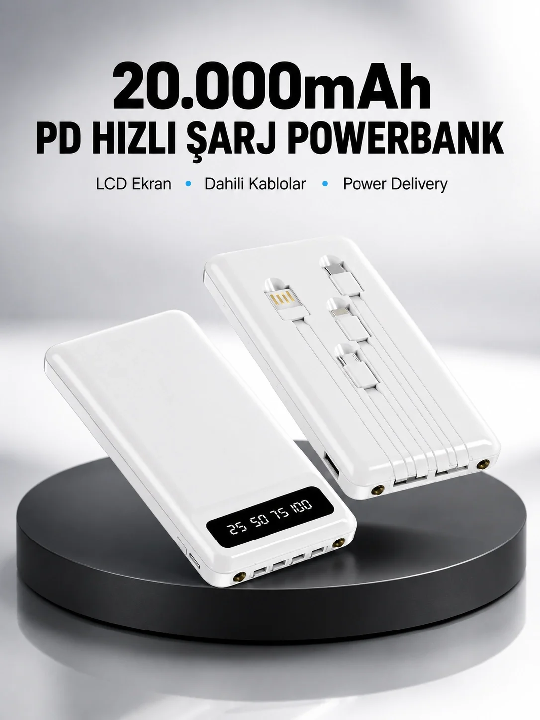 LED Işıklı 20.000mAh Powerbank LCD Gösterge Dahili Çoklu Kablo Yeni Nesil