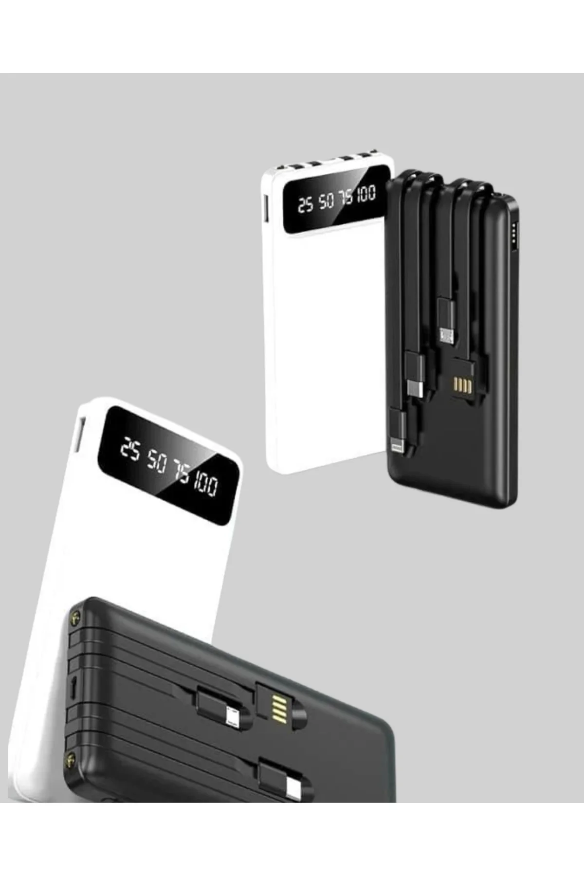 LED Işıklı 20.000mAh Powerbank LCD Gösterge Dahili Çoklu Kablo - 