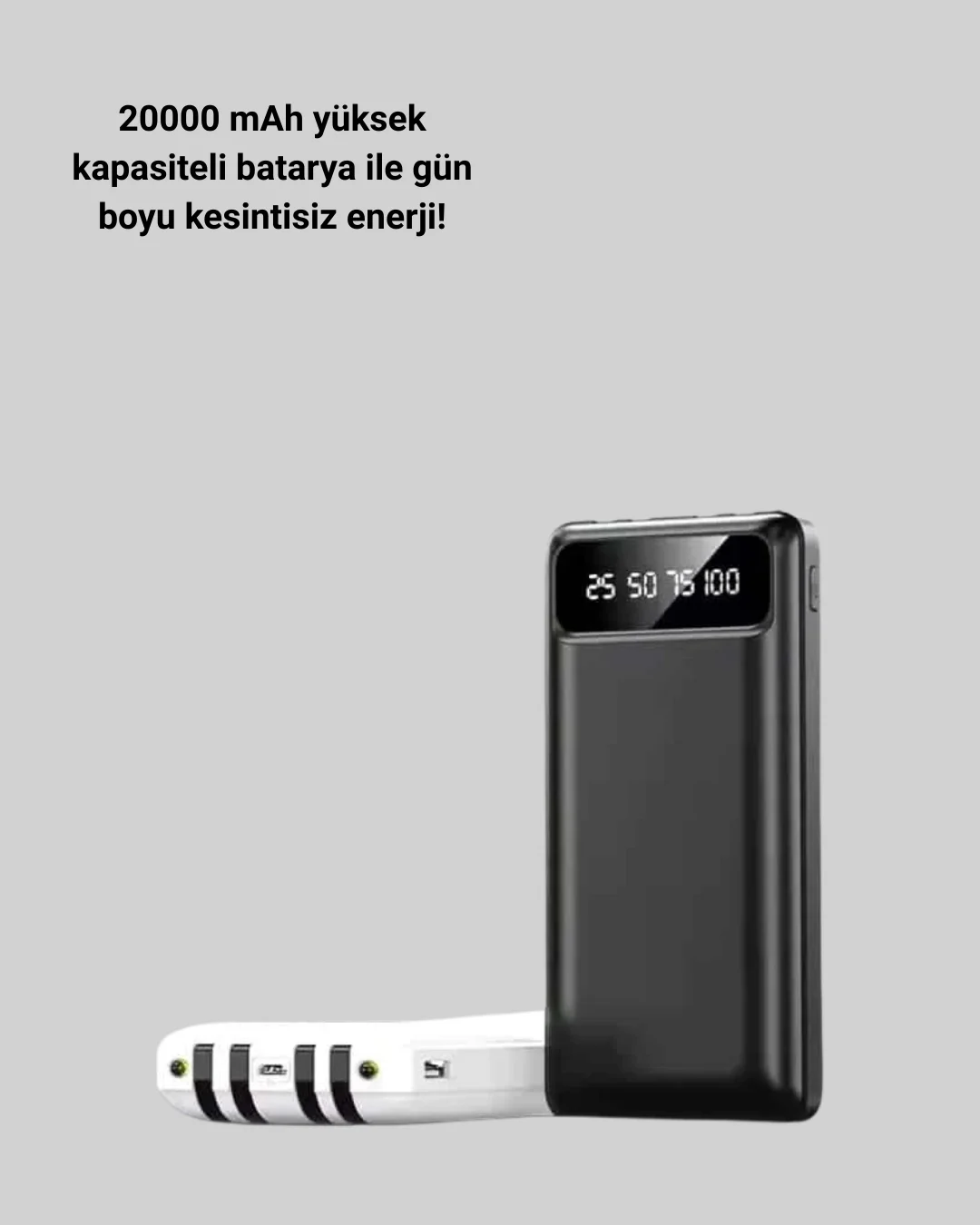 LED Işıklı 20.000mAh Powerbank LCD Gösterge Dahili Çoklu Kablo Yeni Nesil