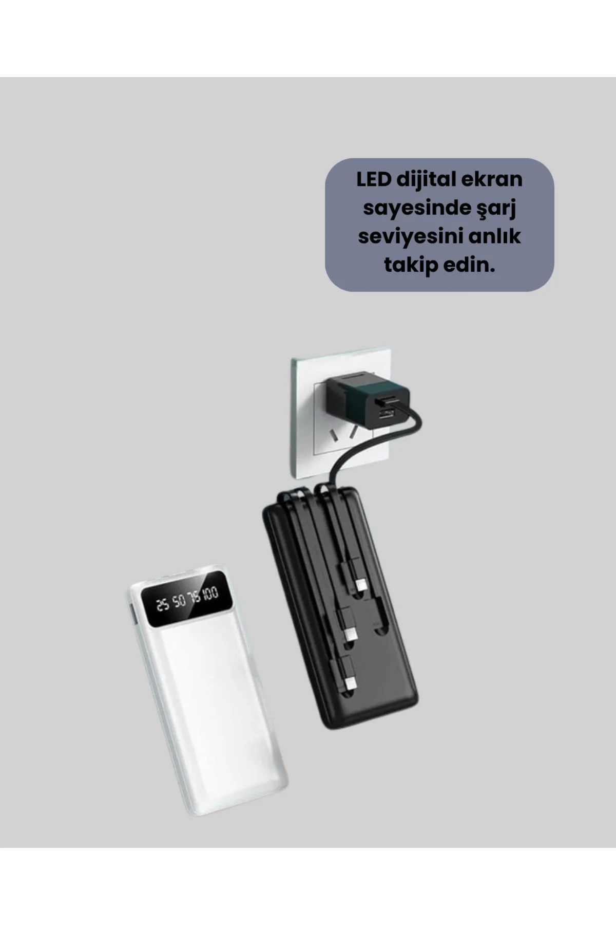 LED Işıklı 20.000mAh Powerbank LCD Gösterge Dahili Çoklu Kablo Yeni Nesil