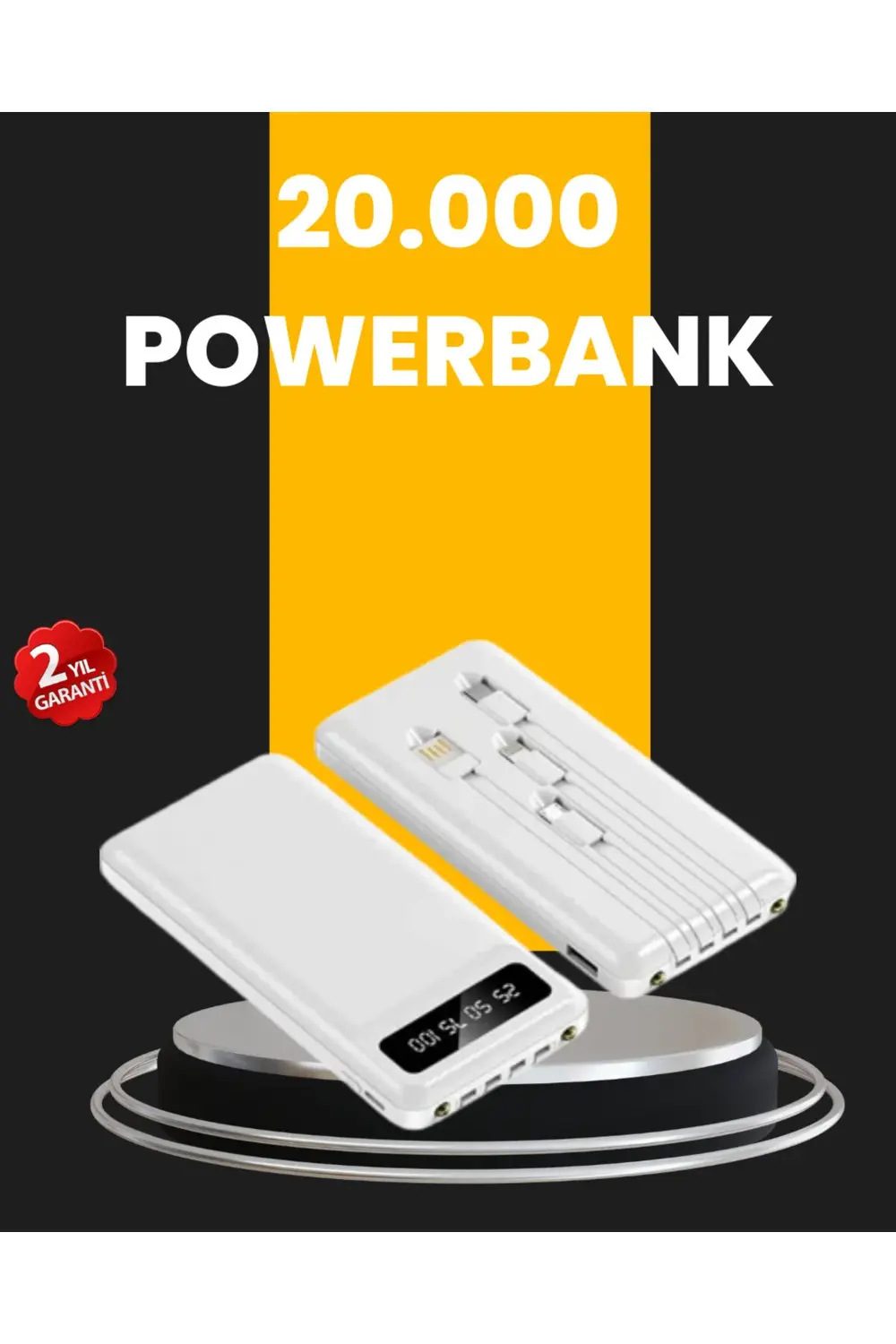 LED Işıklı 20.000mAh Powerbank LCD Gösterge Dahili Çoklu Kablo