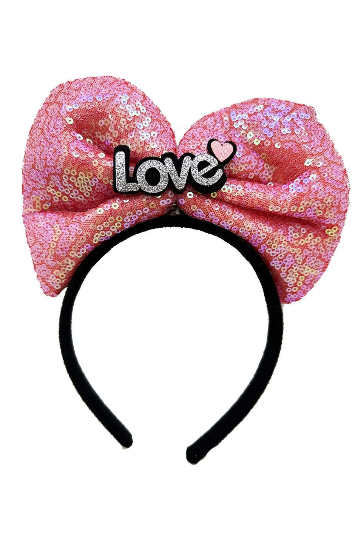 Led Işıklı 3 Farklı Fonksiyonda Yanan Gümüş Love Yazılı Fuşya Pembe Fiyonk Taç 20X17 Cm - Görsel 2