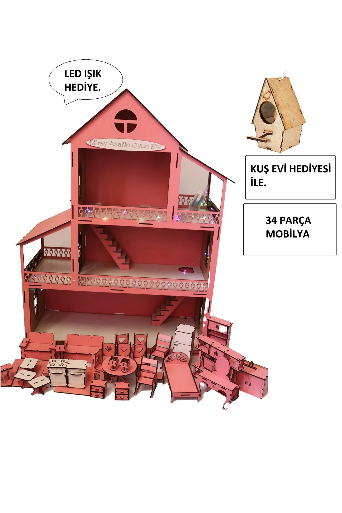 Led Işıklı Ahşap Oyun Evi Büyük Boy (76cm X 57cm X 25cm)