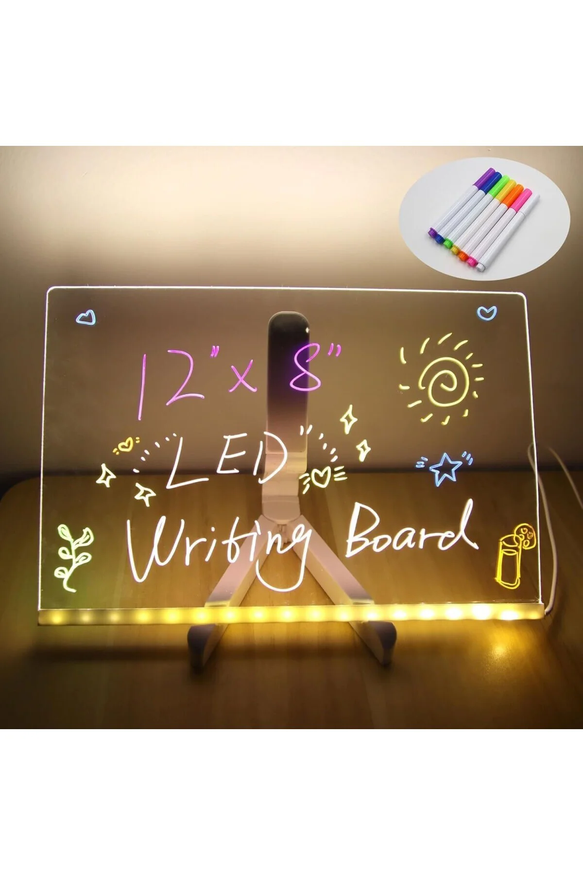 LED Işıklı Akrilik Yazı Tahtası – 20x20 cm Şeffaf Masaüstü Not Panosu, USB Bağlantılı,