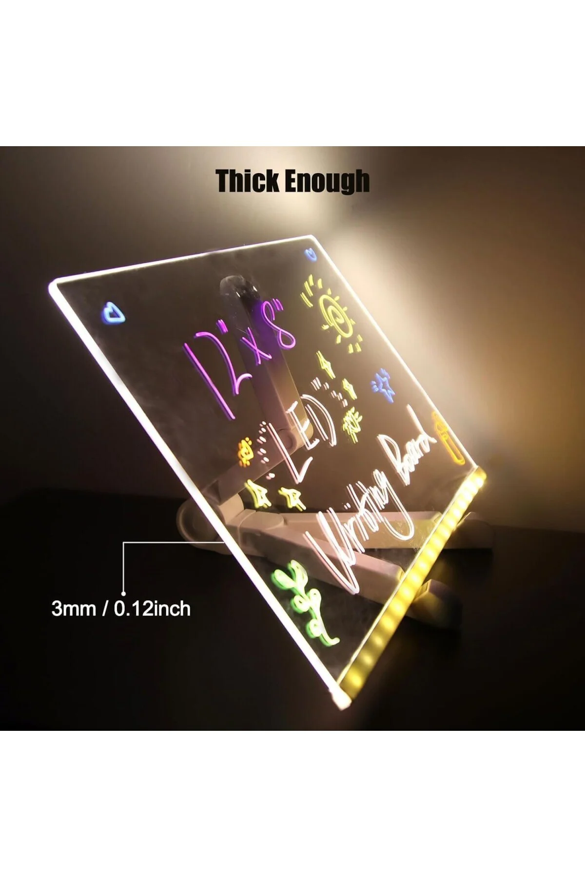 LED Işıklı Akrilik Yazı Tahtası – 20x20 cm Şeffaf Masaüstü Not Panosu, USB Bağlantılı,