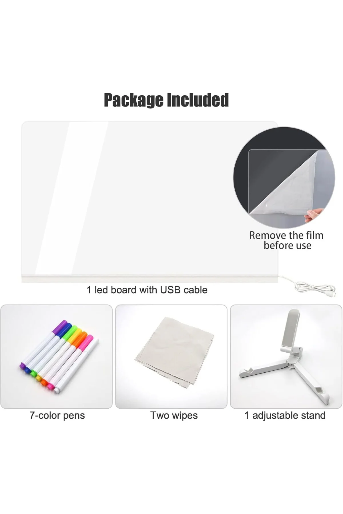 LED Işıklı Akrilik Yazı Tahtası – 20x20 cm Şeffaf Masaüstü Not Panosu, USB Bağlantılı,