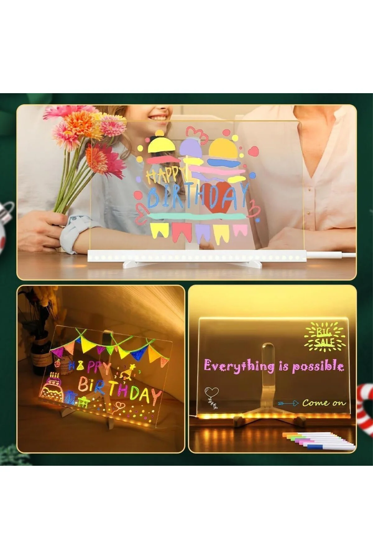 LED Işıklı Akrilik Yazı Tahtası – 20x20 cm Şeffaf Masaüstü Not Panosu, USB Bağlantılı,
