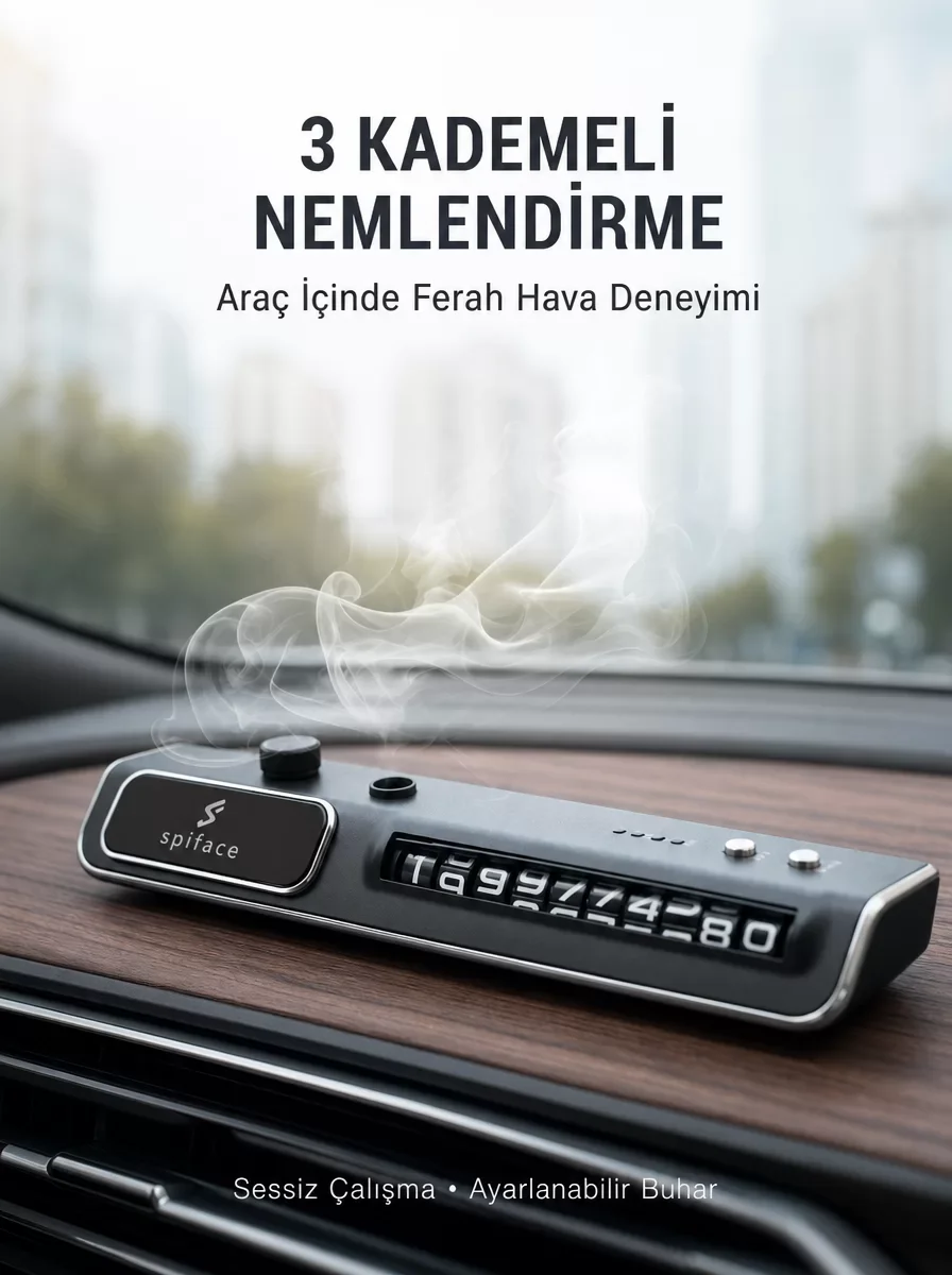 LED Işıklı Araç Ön Cam Telefon Numarası Gösterme Aparatı + 3 Seviyeli Hava Nemlendirici Yeni Nesil