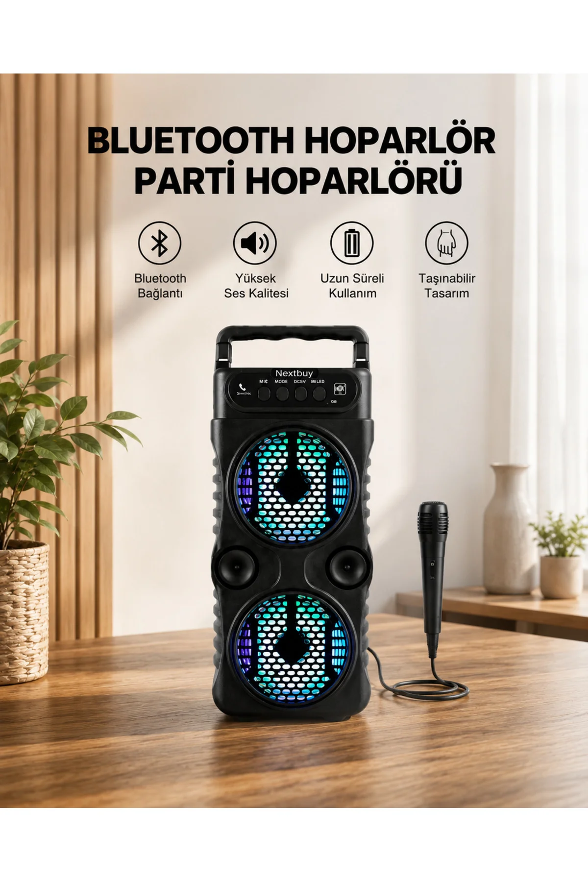 LED Işıklı Bluetoothlu Hoparlör Mikrofonlu Taşınabilir Ses Sistem