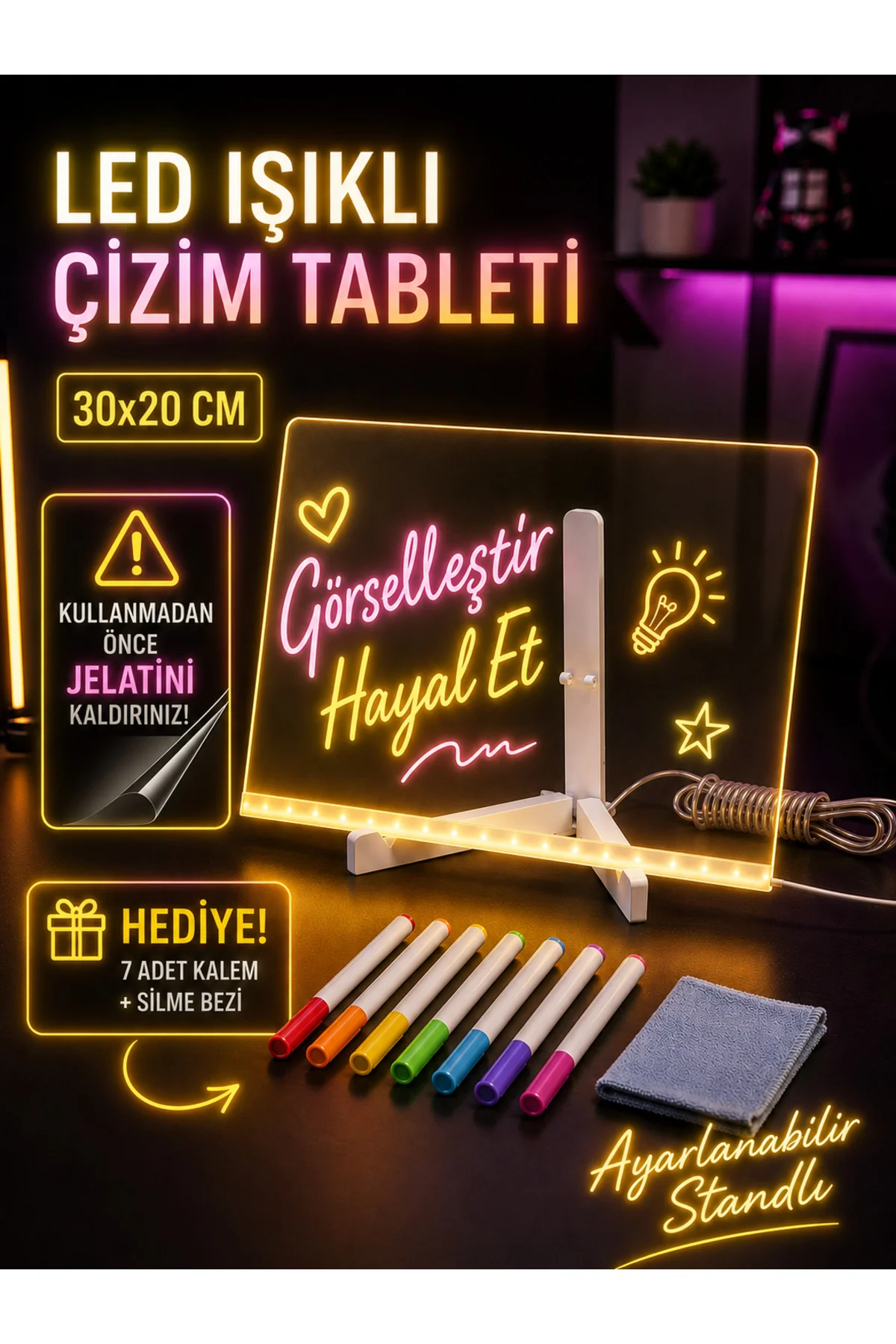 LED Işıklı Çizim Tableti 30x20 cm – Ayarlanabilir Standlı Akrilik