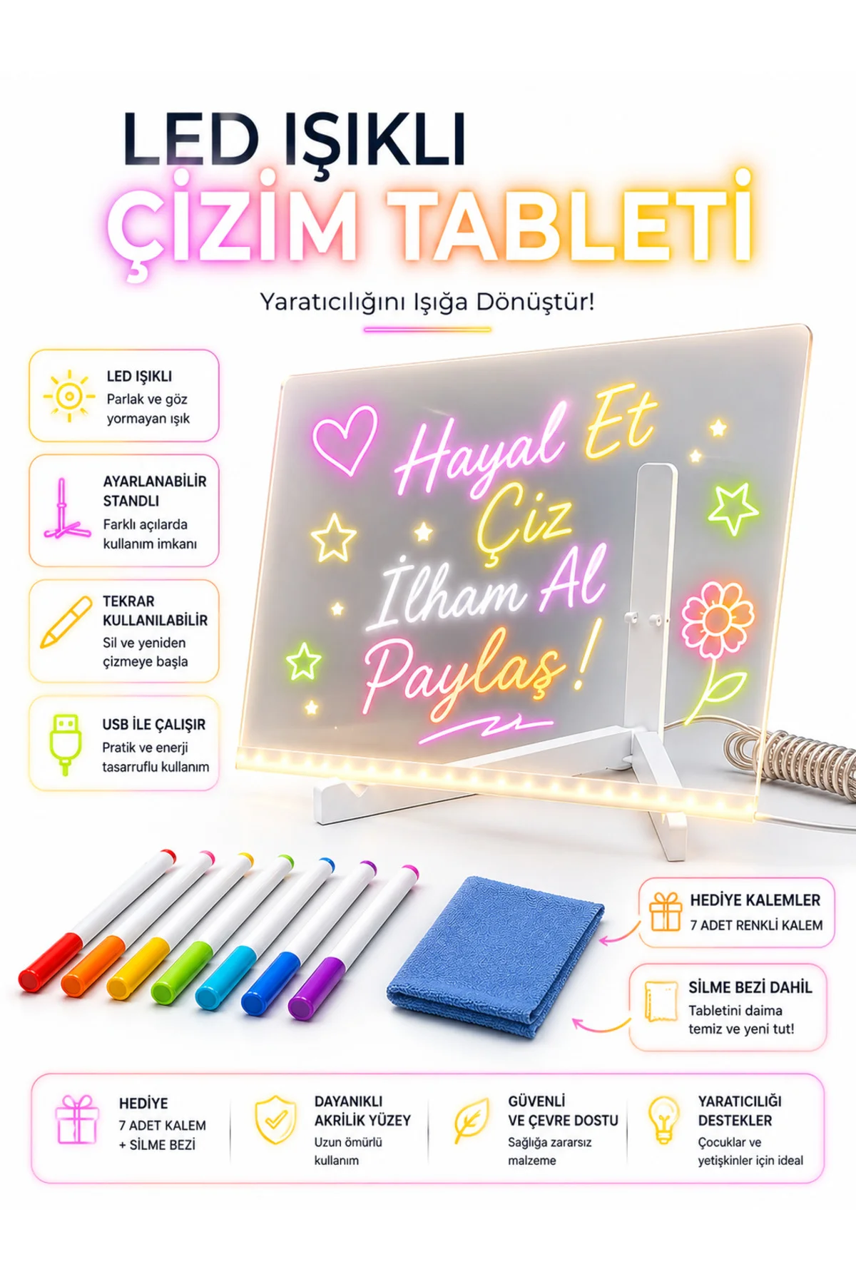 LED Işıklı Çizim Tableti 30x20 cm – Ayarlanabilir Standlı Akrilik