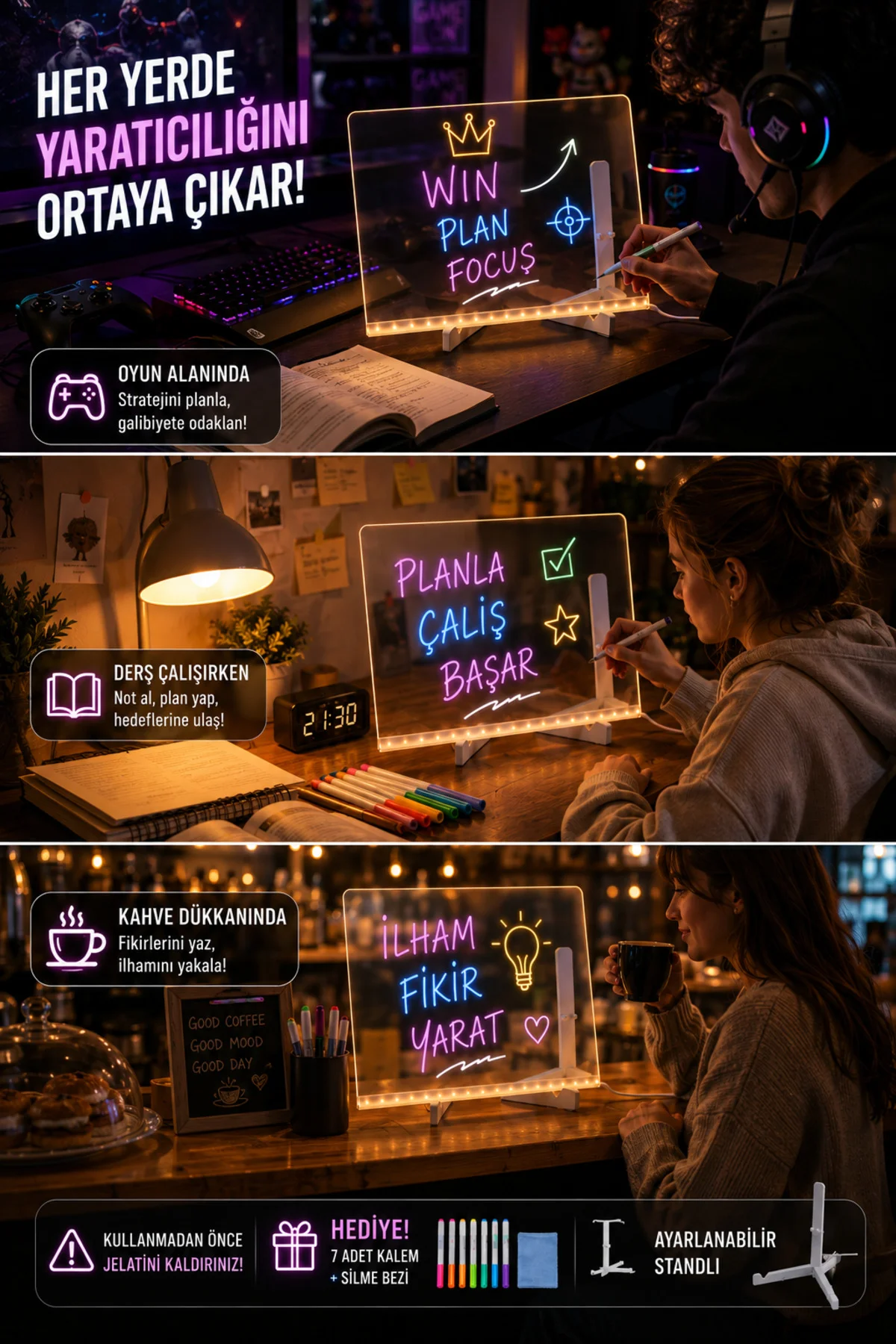 LED Işıklı Çizim Tableti 30x20 cm – Ayarlanabilir Standlı Akrilik