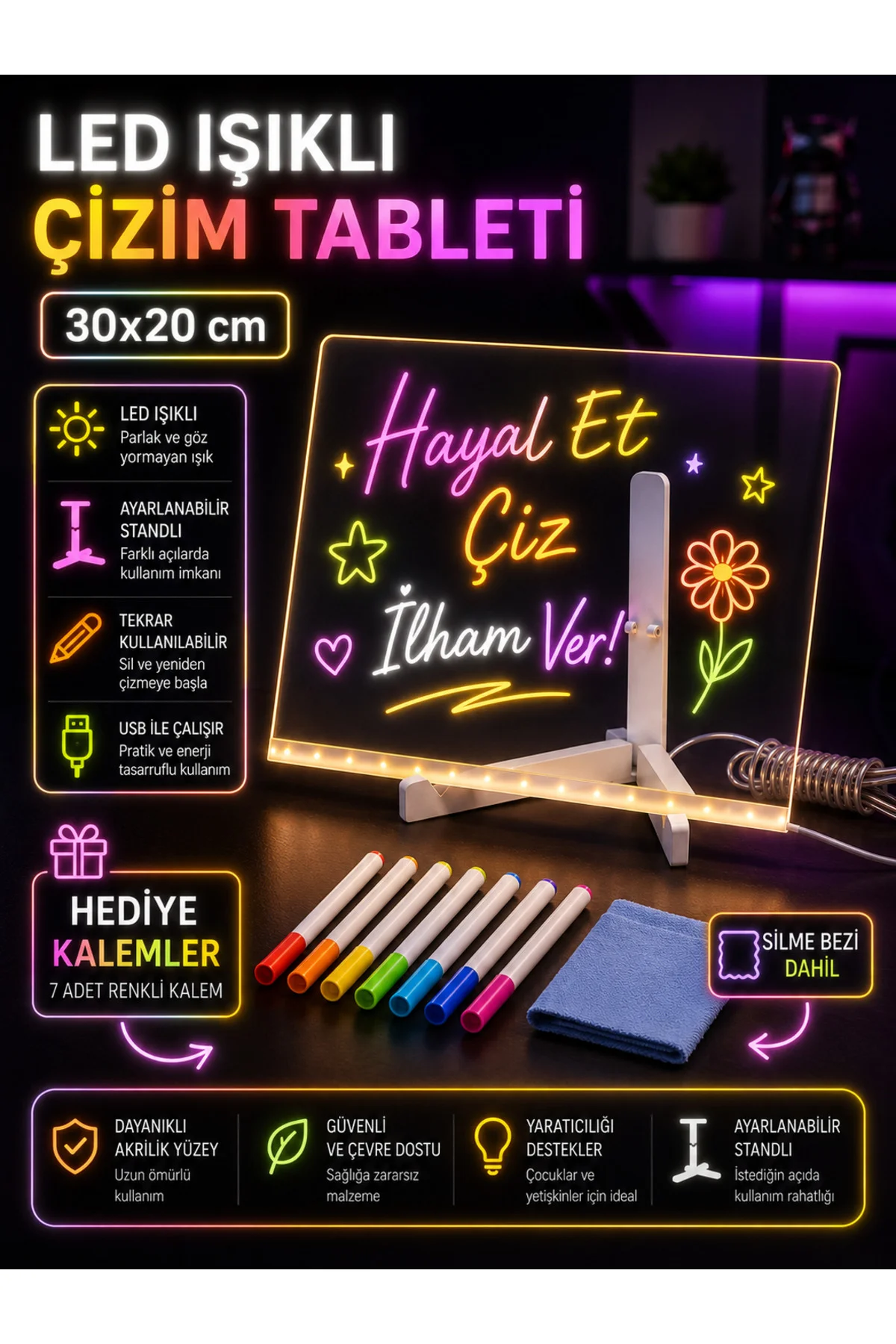 LED Işıklı Çizim Tableti 30x20 cm – Ayarlanabilir Standlı Akrilik