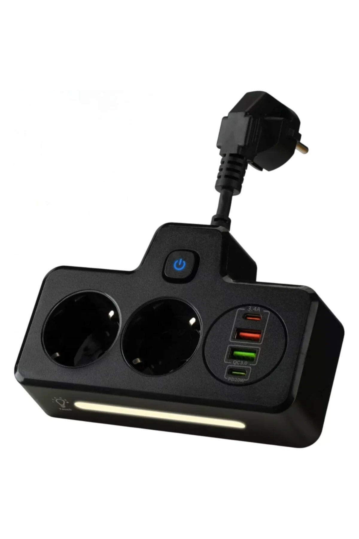 LED Işıklı Çoklu Priz Şarj İstasyonu, 2 Adet USB ve Type-C Girişi