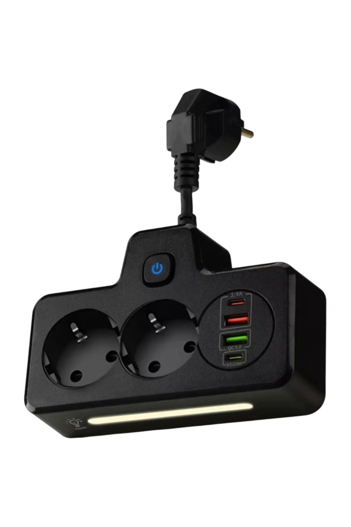 LED Işıklı Çoklu Priz Şarj İstasyonu, 2 Adet USB ve Type-C Girişi