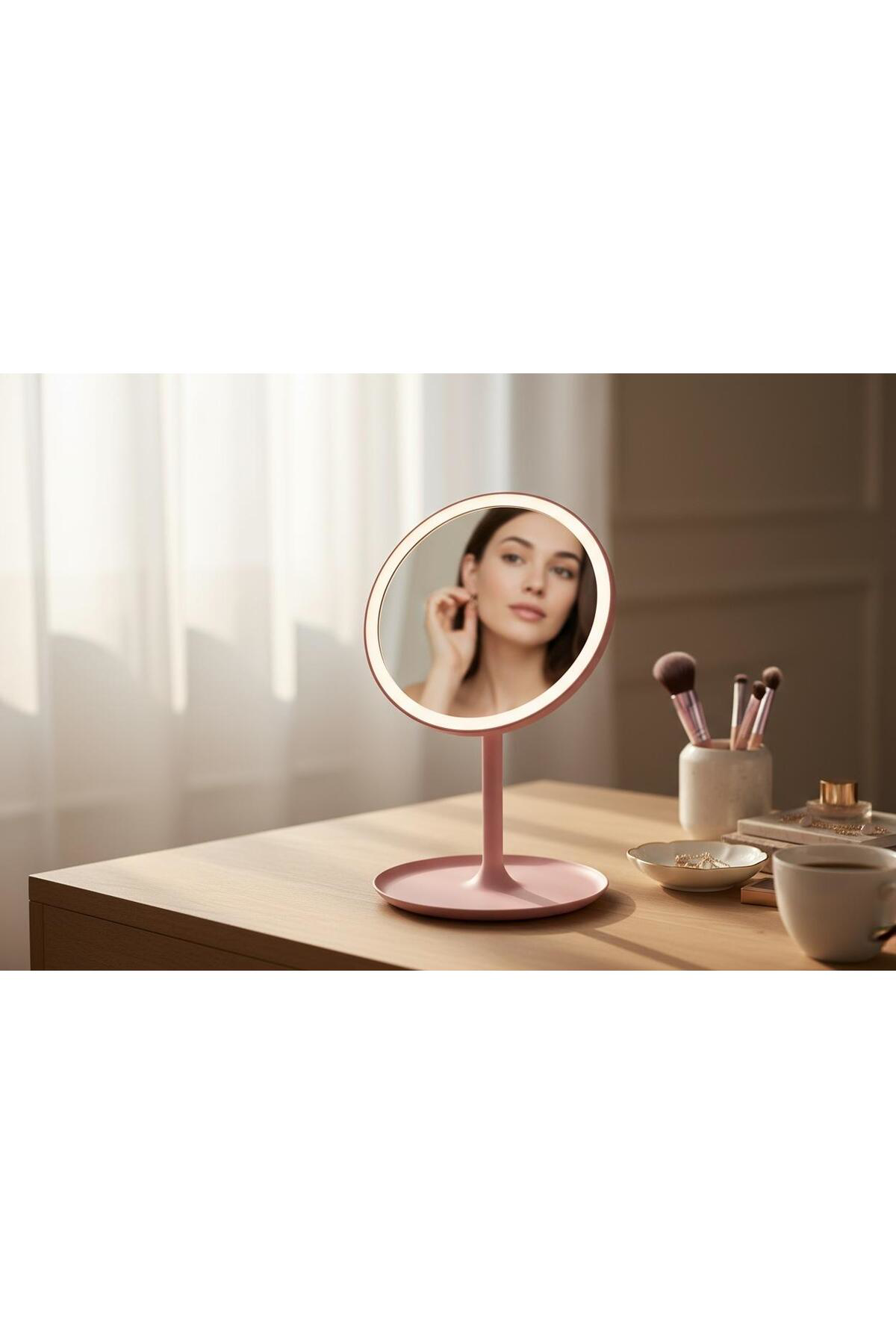 Kaveh Led İşıklı Dokunmatik Makyaj Aynası Pembe 3 Kademeli İşık Ayarı ,