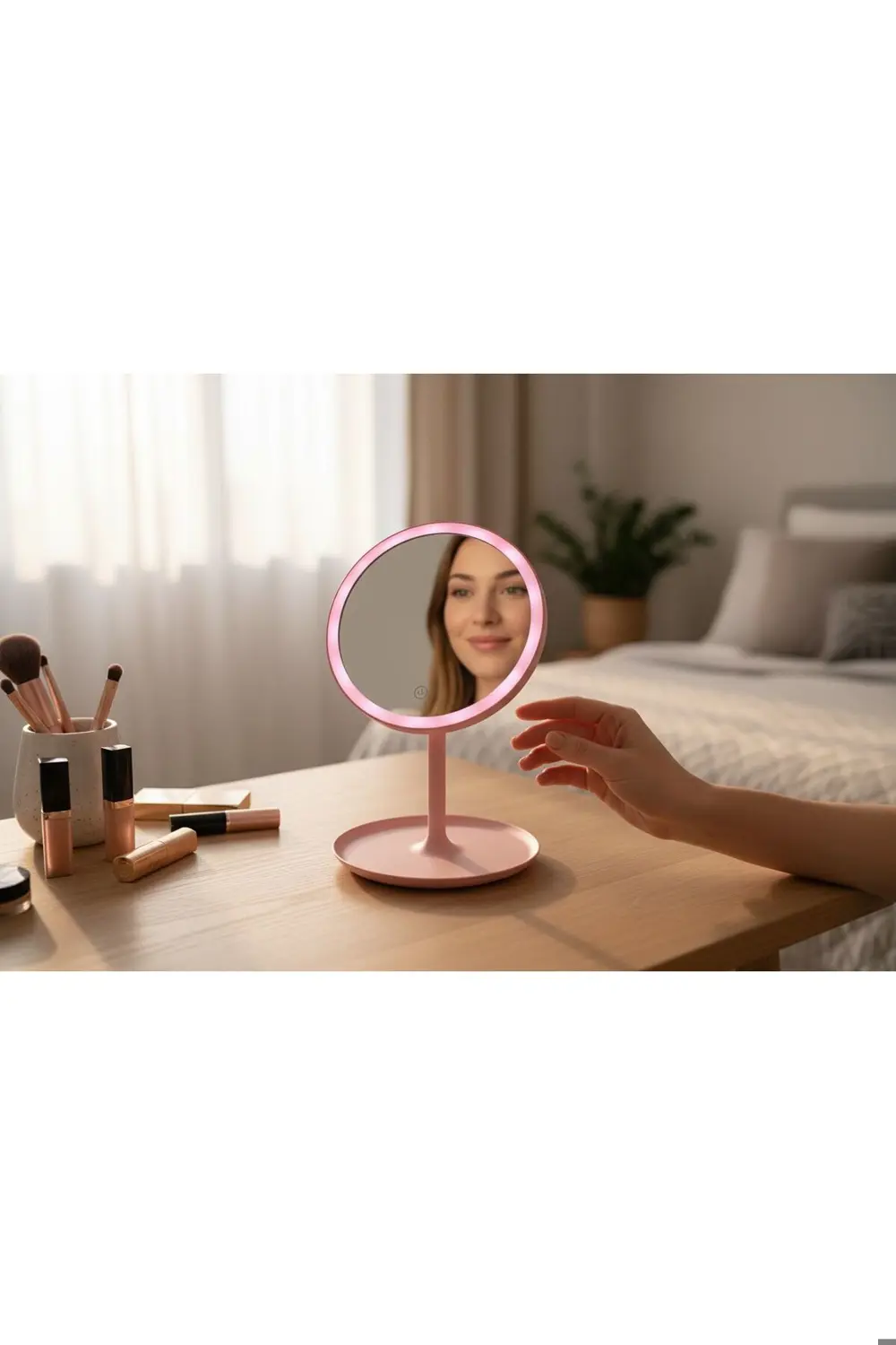 Led Işıklı Dokunmatik Makyaj Aynası Pembe 3 Kademeli Işık Ayarı ,