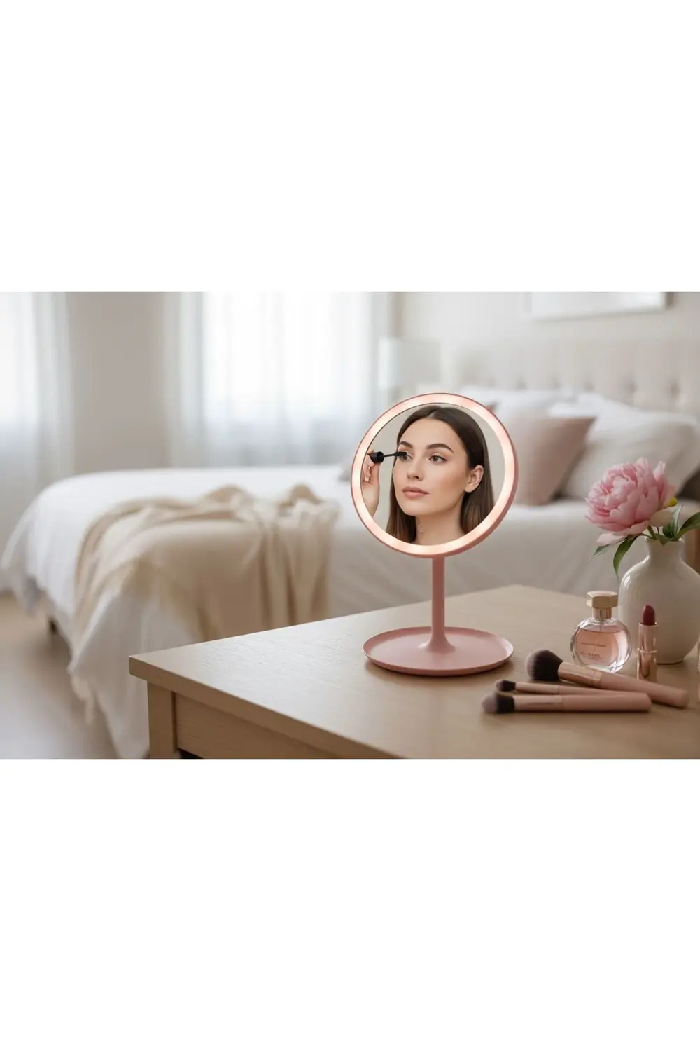 Led Işıklı Dokunmatik Makyaj Aynası Pembe 3 Kademeli Işık Ayarı ,