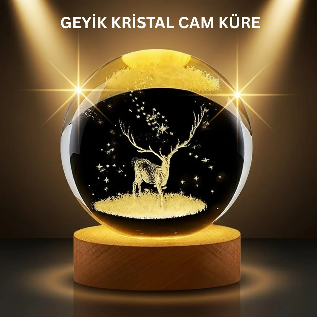 Led Işıklı Geyikli Kristal Küre Ahşap Standlı Modern Dekor Lamba - Lisinya Diğer