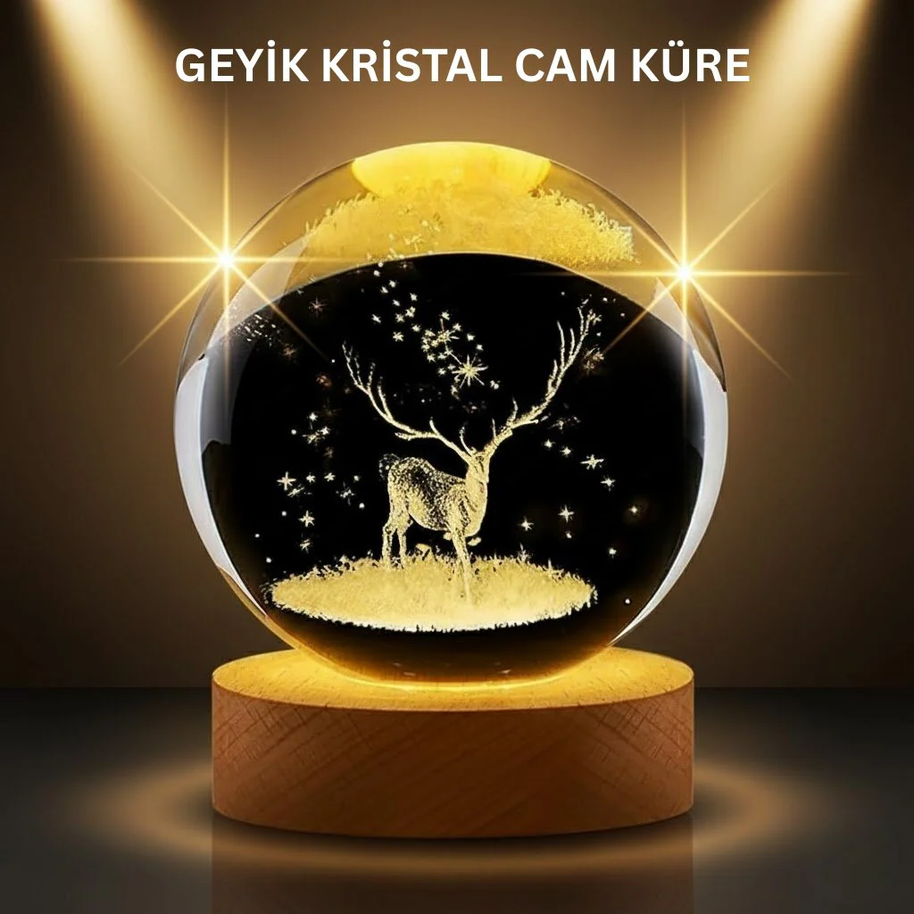 LED Işıklı Geyikli Kristal Küre Ahşap Standlı Modern Dekor Lamba - Masalsı Atmosfer ve Huzur
