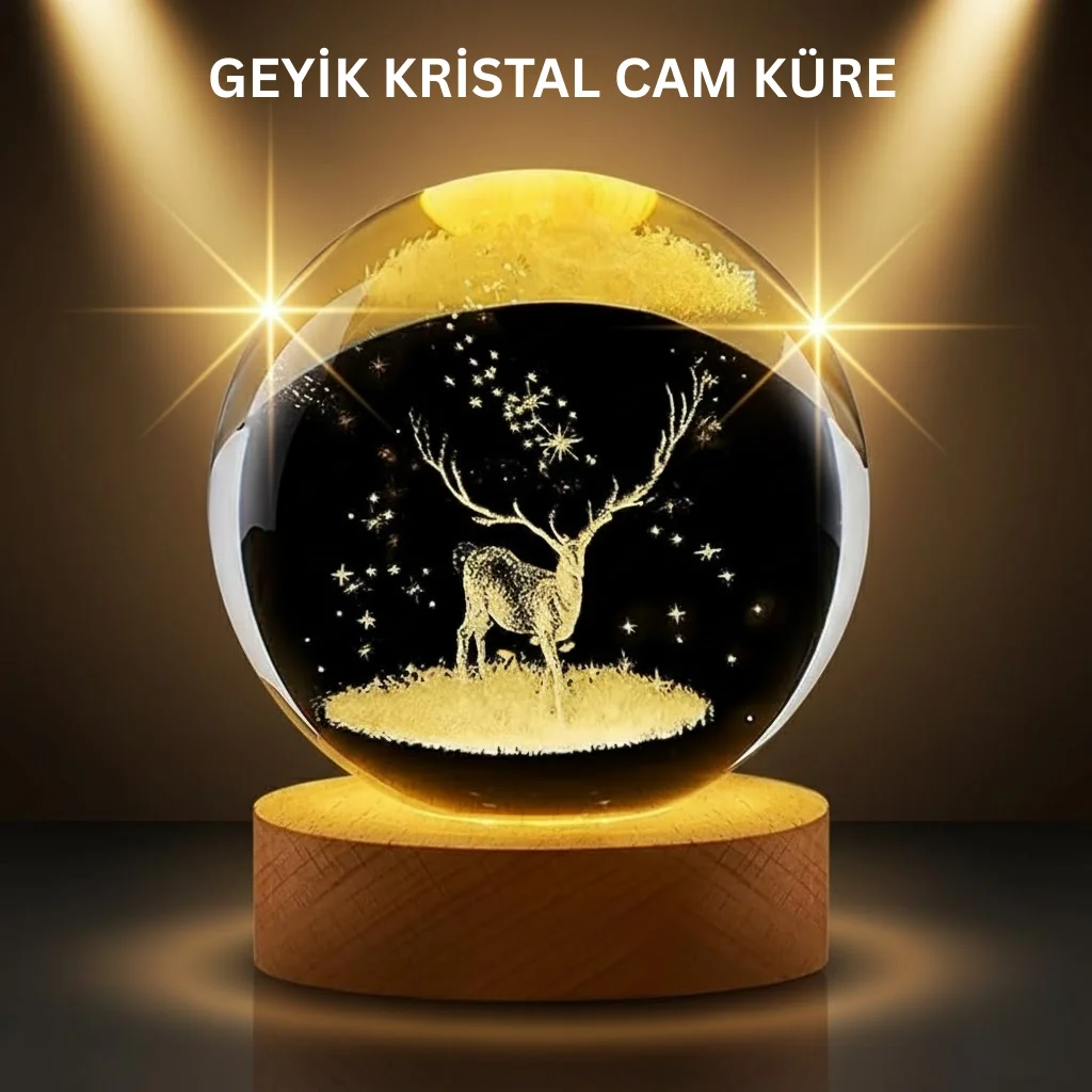 LED Işıklı Geyikli Kristal Küre Ahşap Standlı Modern Dekor Lamba LED Işıklı Geyikli Kristal Küre Ahşap Standlı Modern Dekor Lamba