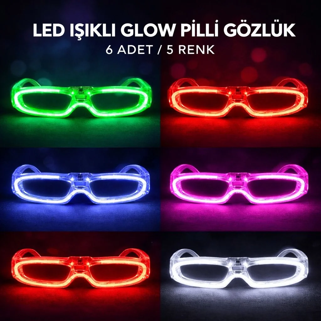 LED Işıklı Glow Pilli Parti Gözlüğü - Glow Efektli 6 Adet 5 Renk LED Işıklı Glow Pilli Parti Gözlüğü - Glow Efektli 6 Adet 5 Renk