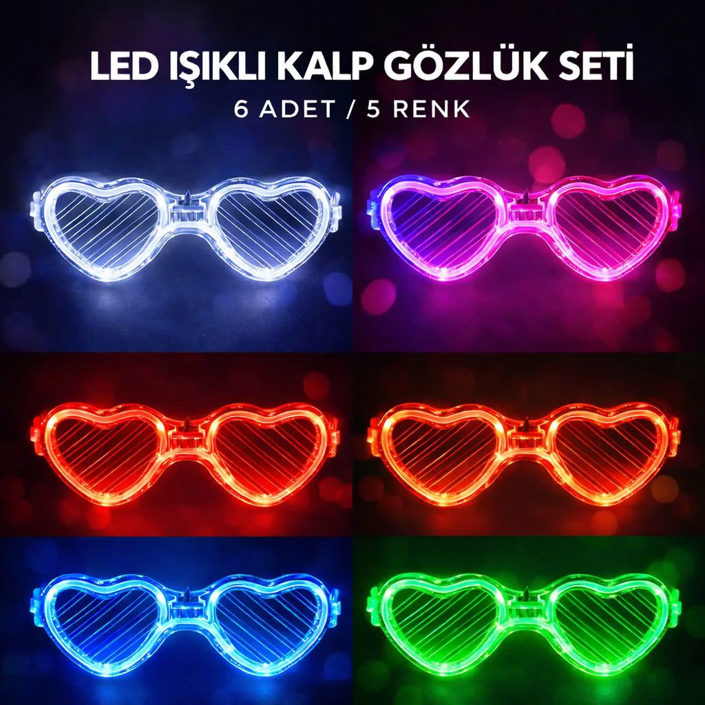 LED Işıklı Kalp Glow Pilli Parti Gözlüğü – 6 Adet / 5 Renk Set Fiyatı, Yorumları ve Özellikleri