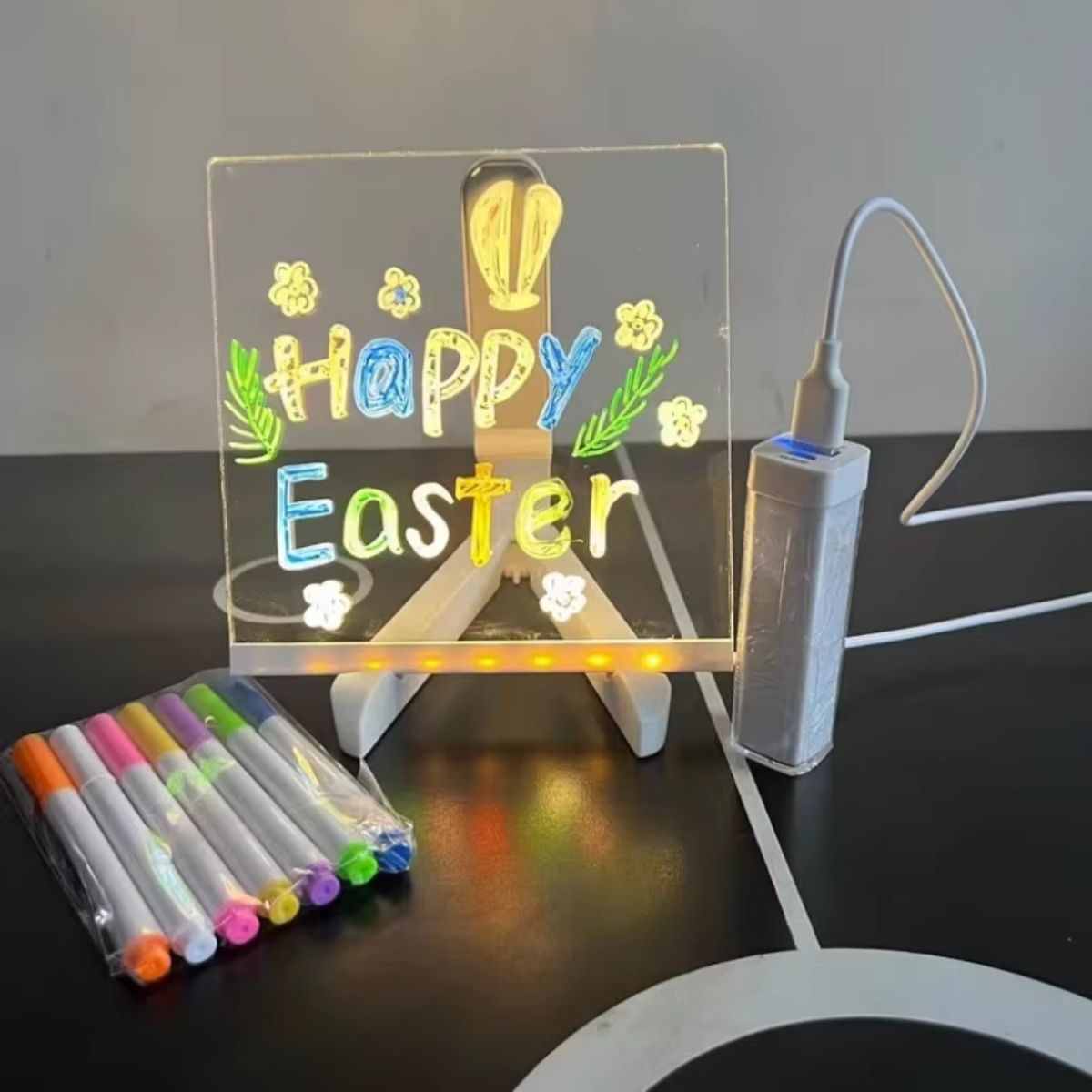 LED Işıklı Kendiliğinden Renkli Fosforlu Kalemli Kare Yazı Panosu