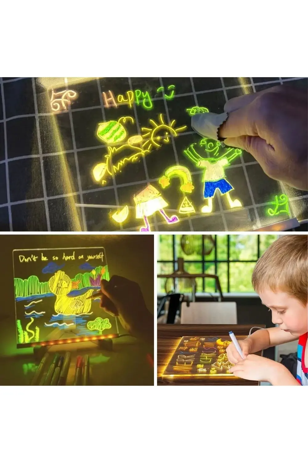 ® LED Işıklı Kendiliğinden Renkli Fosforlu Kalemli Kare Yazı Pano