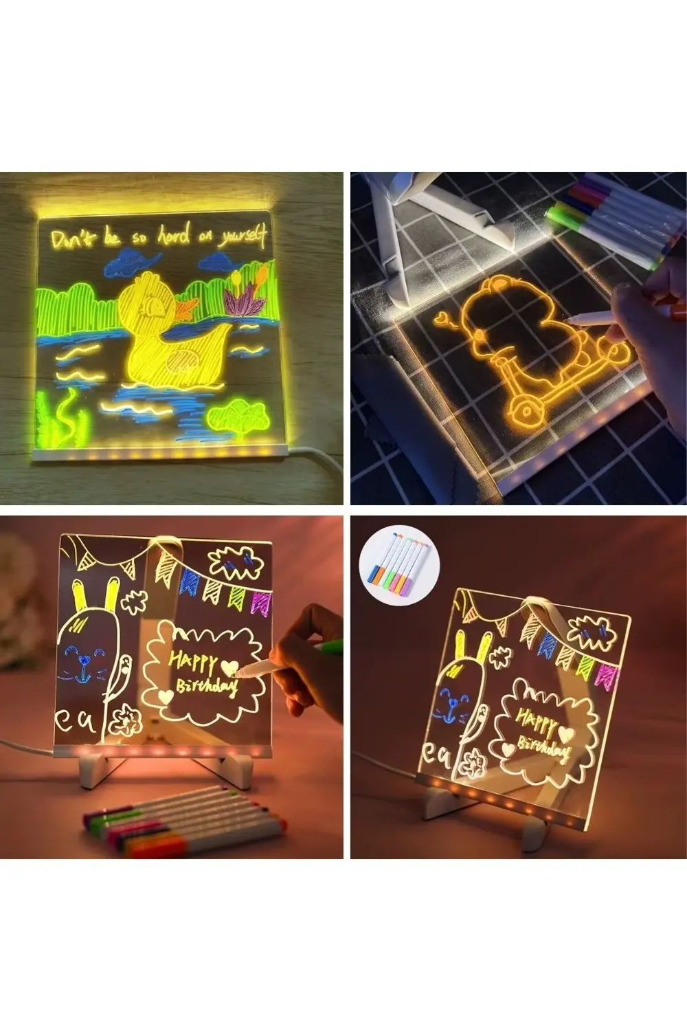 ® LED Işıklı Kendiliğinden Renkli Fosforlu Kalemli Kare Yazı Pano