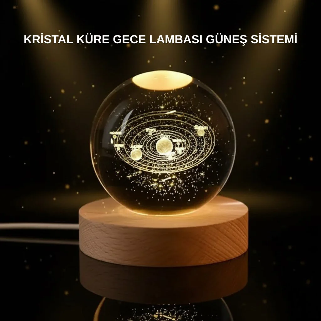 LED Işıklı Kristal Küre Ahşap Standlı Dekoratif Gezegen Model - Ev İçi Aydınlatma