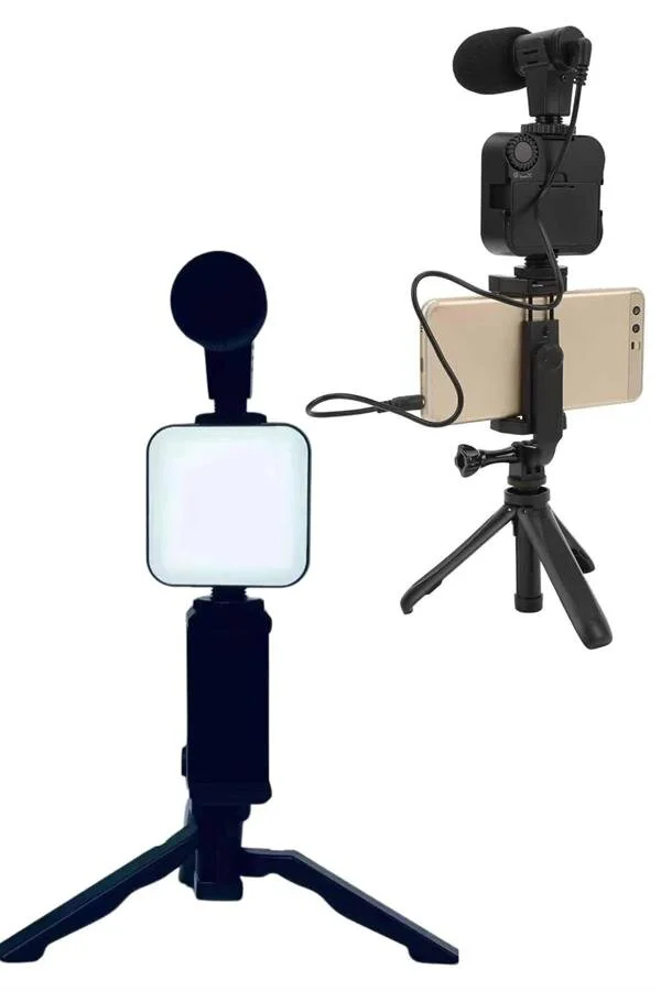 LED Işıklı Mikrofonlu Telefon Tutucu Vlog Kiti - Bluetooth Kumanda