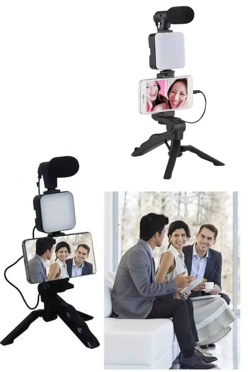 Led Işıklı Mikrofonlu Vlog Telefon Tutucu Seti - Yeni Nesil Kamera Kiti