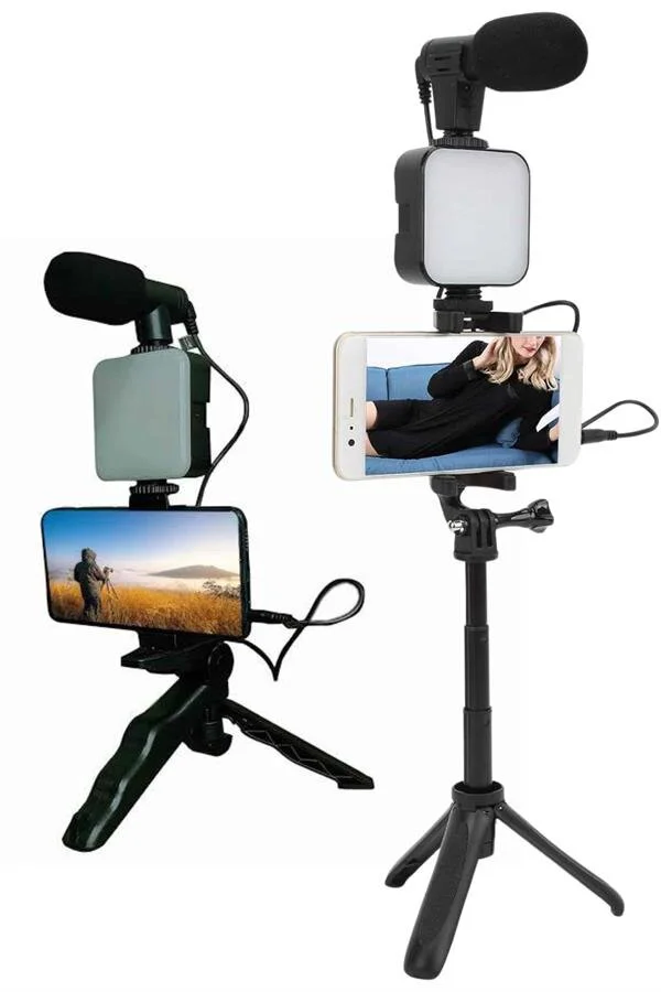 LED Işıklı Mikrofonlu Telefon Tutucu Vlog Kiti - Bluetooth Kumanda