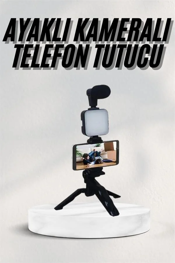 LED Işıklı Mikrofonlu Telefon Tutucu Vlog Kiti - Bluetooth Kumanda