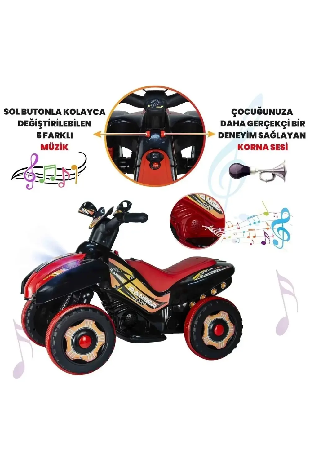 Led Işıklı Müzikli Akülü  Araba Atv Motor 2-4 Yaş - 6V