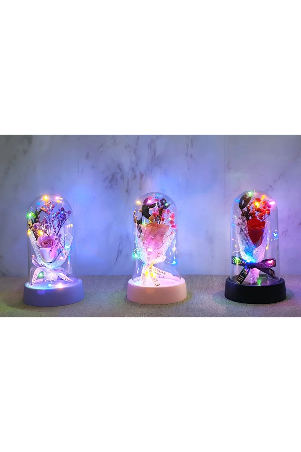 Led Işıklı Müzikli Cam Fanus İçinde Gül Buketi