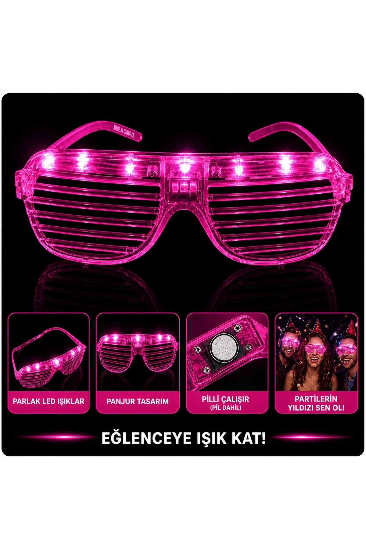 LED Işıklı Panjur Parti Gözlüğü Pembe Renk Shutter Gözlük