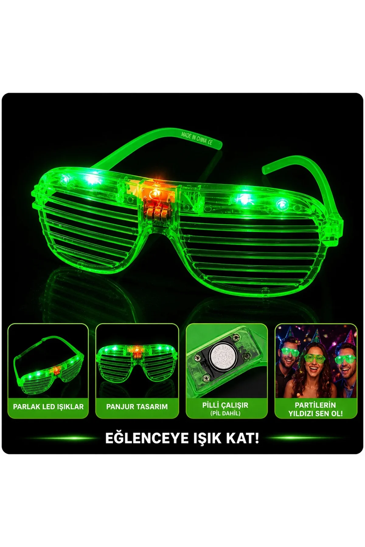 LED Işıklı Panjur Parti Gözlüğü Yeşil Renk Shutter Gözlük