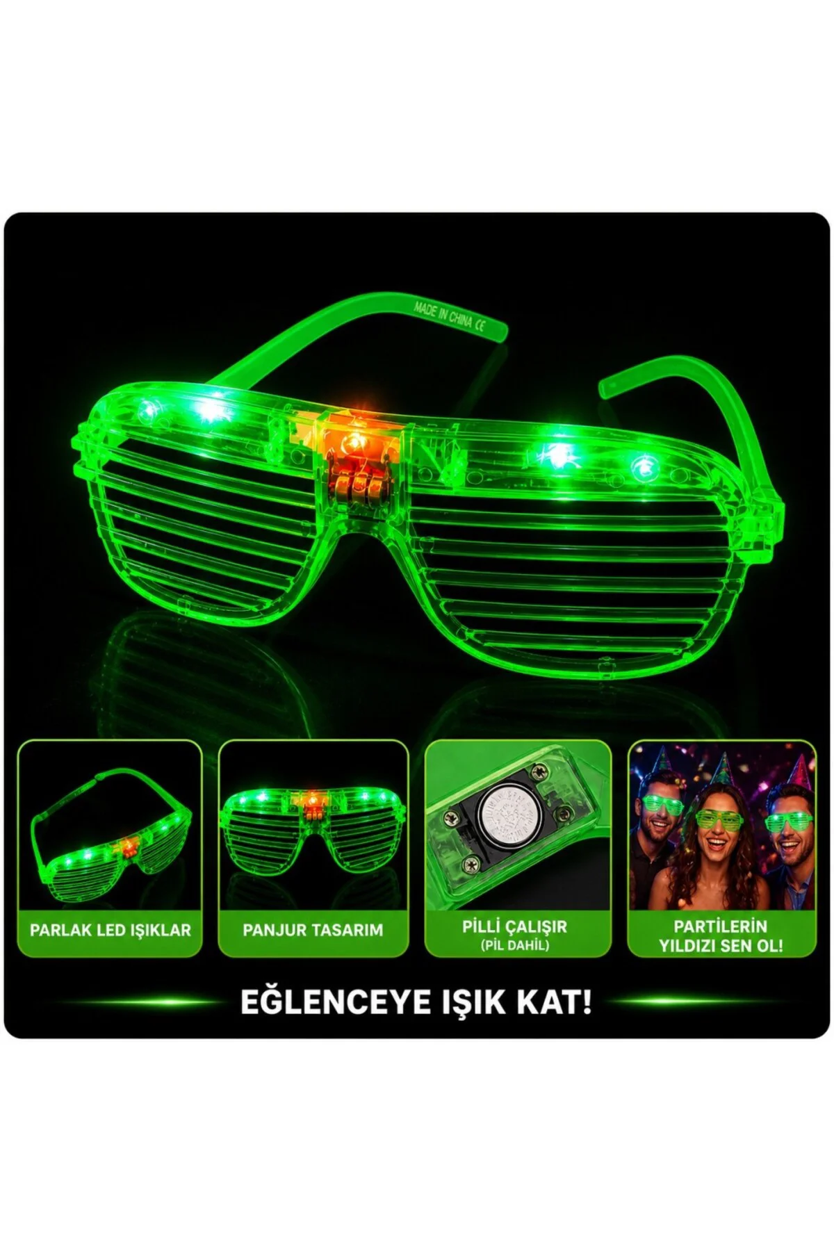 LED Işıklı Panjur Parti Gözlüğü Yeşil Renk Gözlük