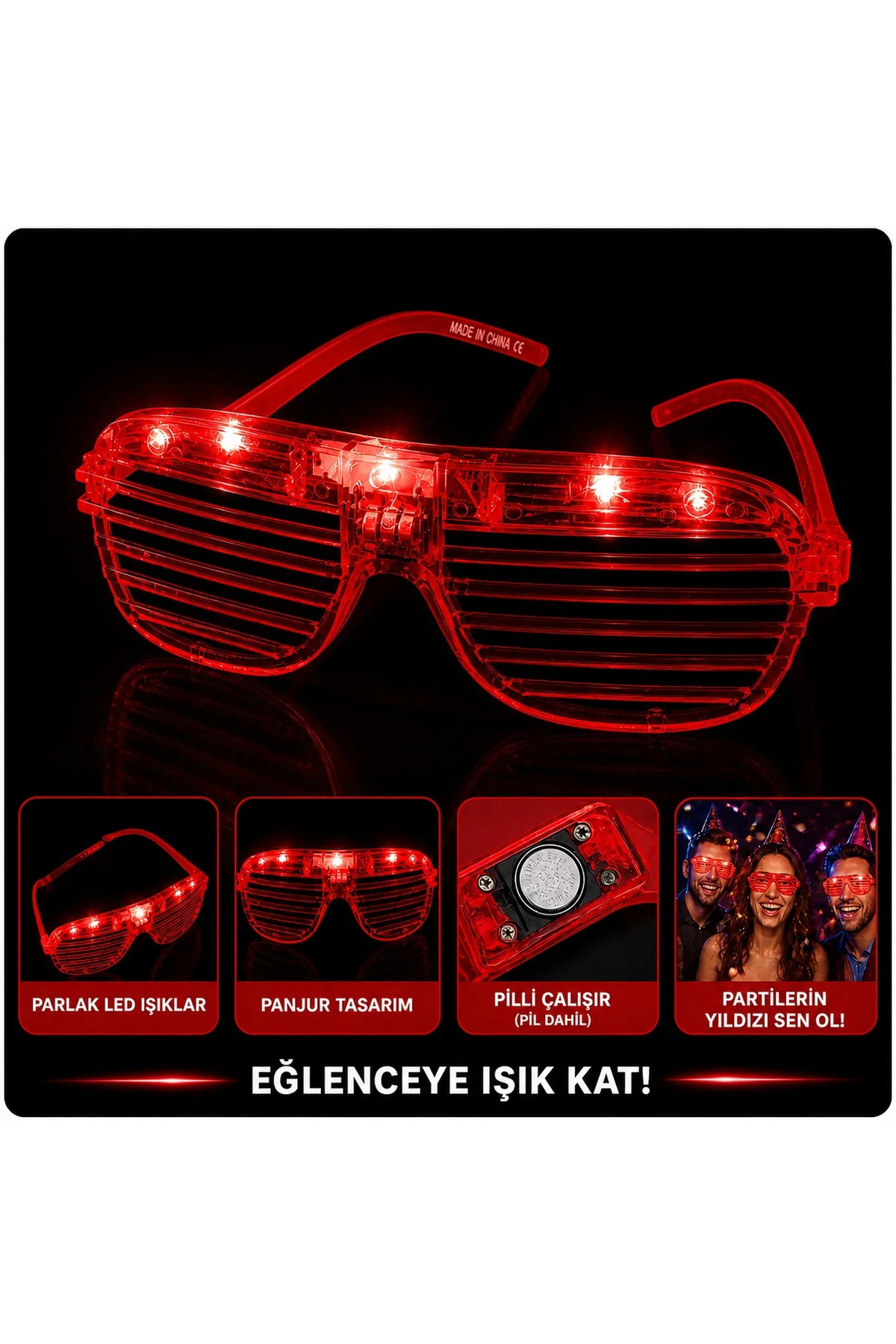 LED Işıklı Panjur Parti Gözlüğü Kırmızı Renk Shutter Gözlük