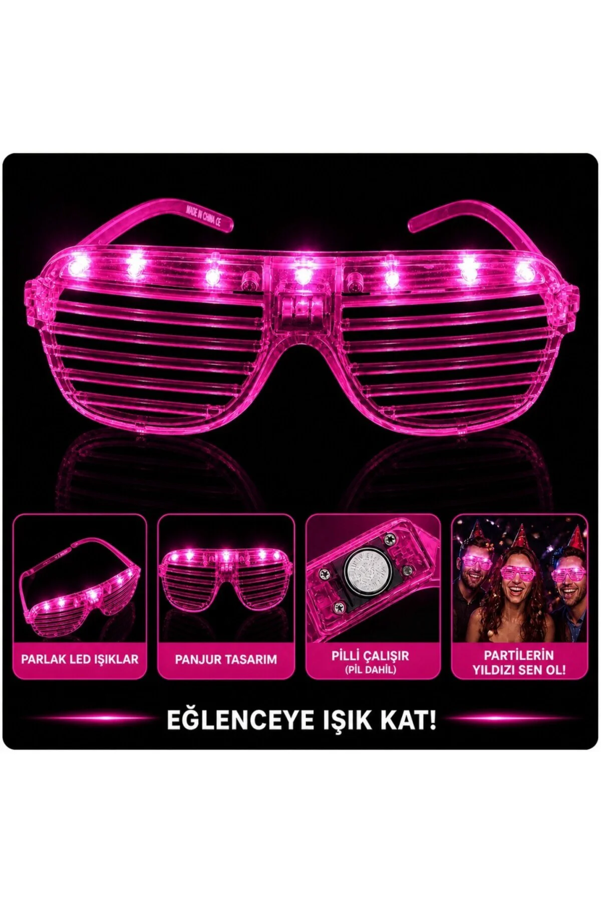 LED Işıklı Panjur Parti Gözlüğü Pembe Renk Gözlük