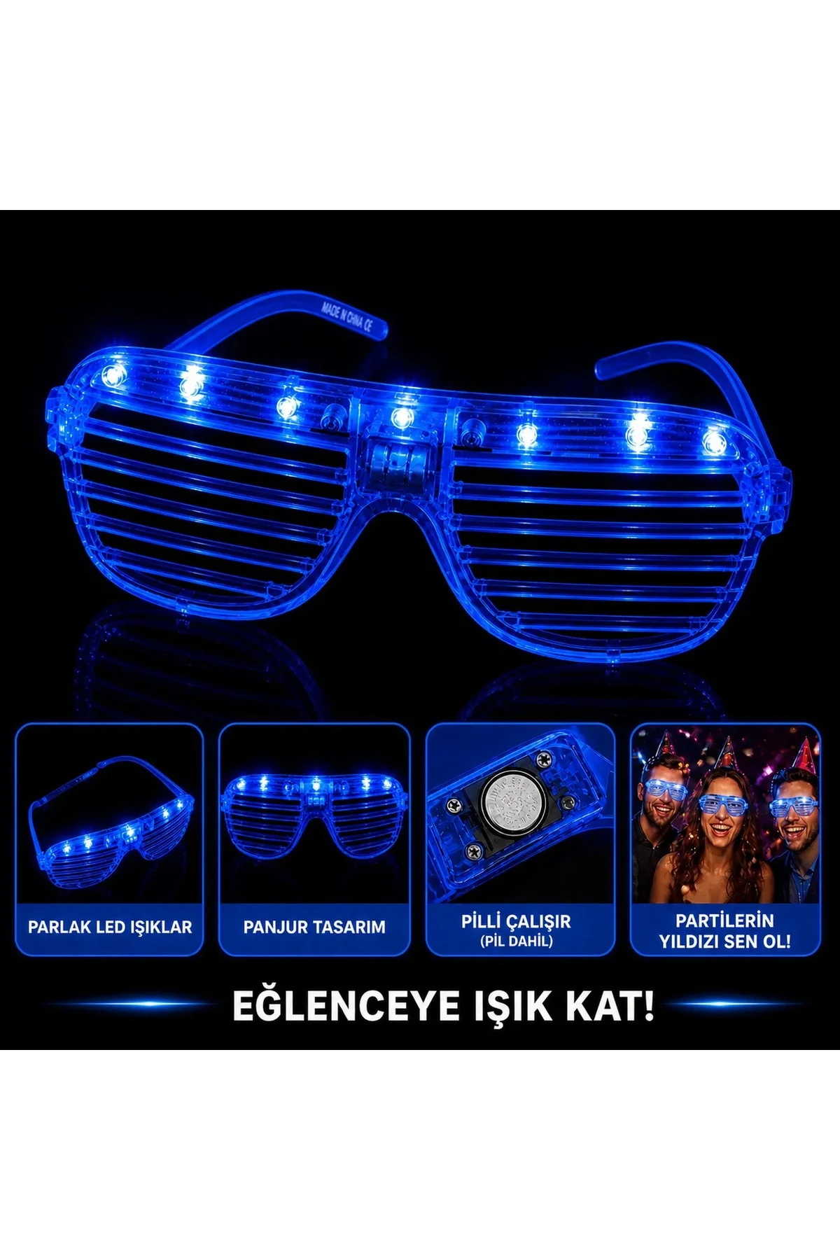 LED Işıklı Panjur Parti Gözlüğü Mavi Renk Shutter Gözlük
