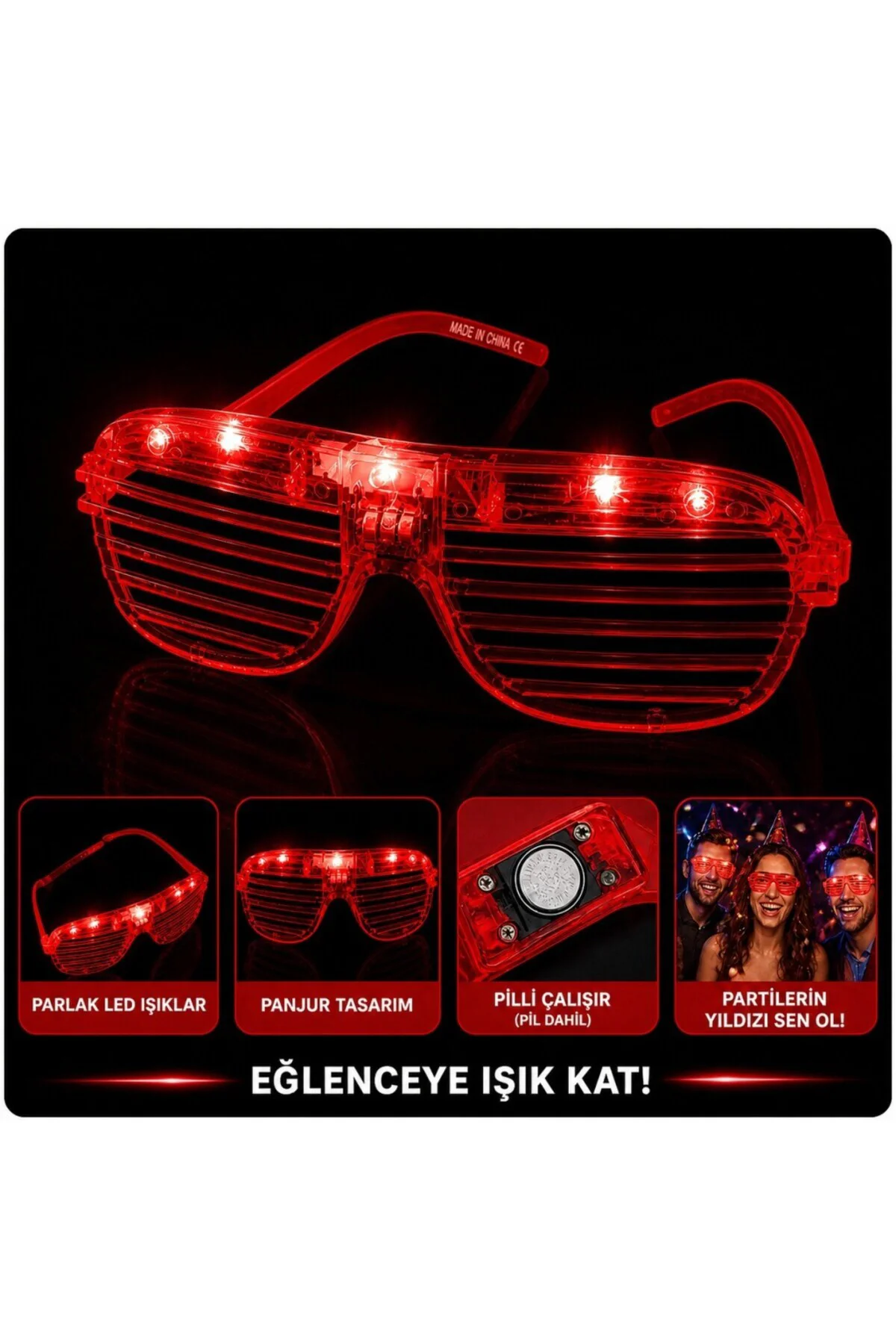 LED Işıklı Panjur Parti Gözlüğü Kırmızı Renk Gözlük