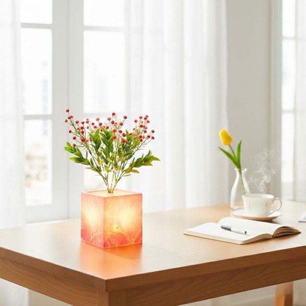 LED Işıklı Pembe Saksılı Dekoratif Yapay Çiçek