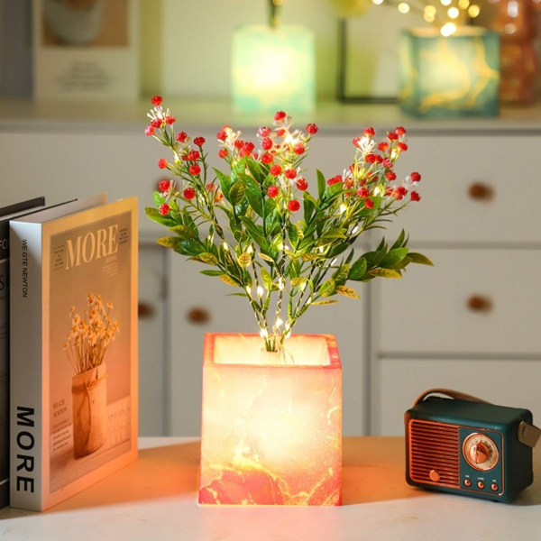 LED Işıklı Pembe Saksılı Dekoratif Yapay Çiçek