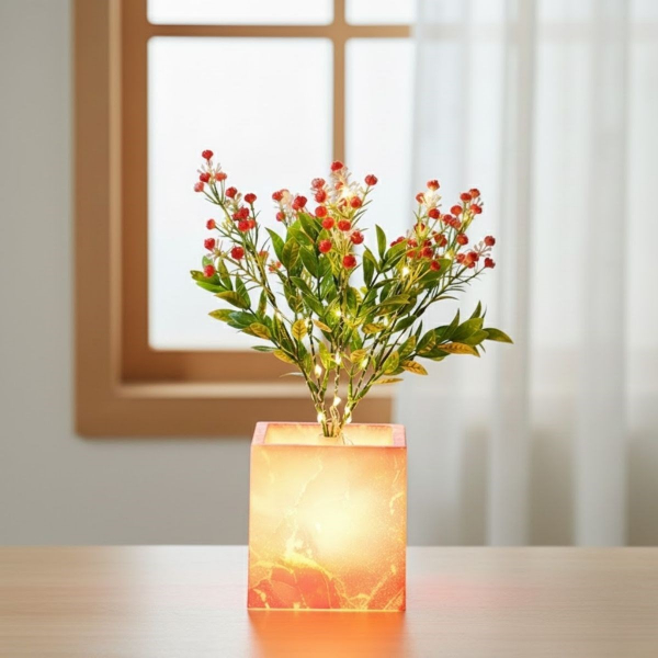 LED Işıklı Pembe Saksılı Dekoratif Yapay Çiçek