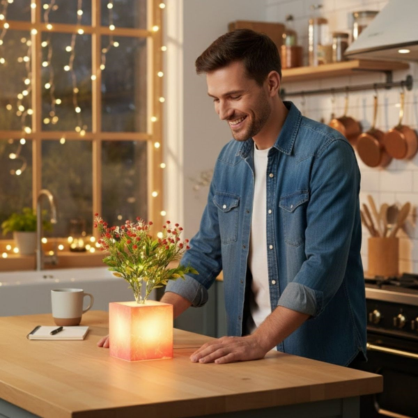 LED Işıklı Pembe Saksılı Dekoratif Yapay Çiçek